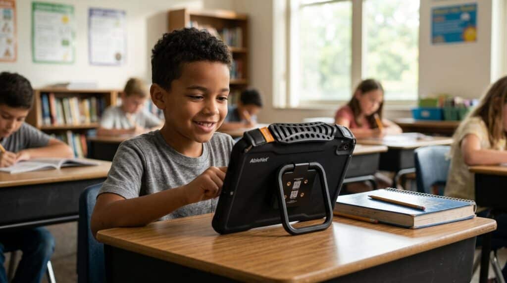 Student using a Quicktalker tablet for interactive learning in a classroom setting.