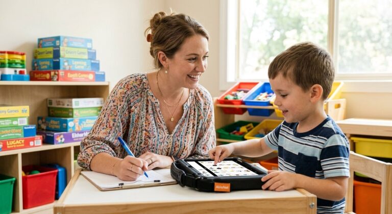 Speech-language pathologist using a QuickTalker Freestyle speech device with a child while recording data on a clipboard during a therapy session