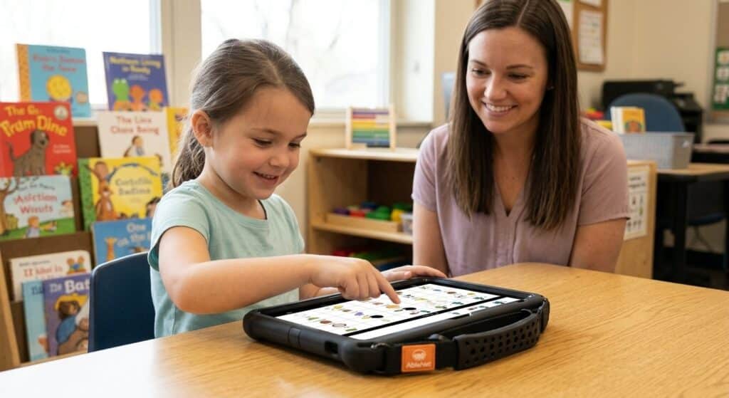 A child confidently using a QuickTalker Freestyle AAC device during a classroom activity while the speech-language pathologist watches supportively beside her