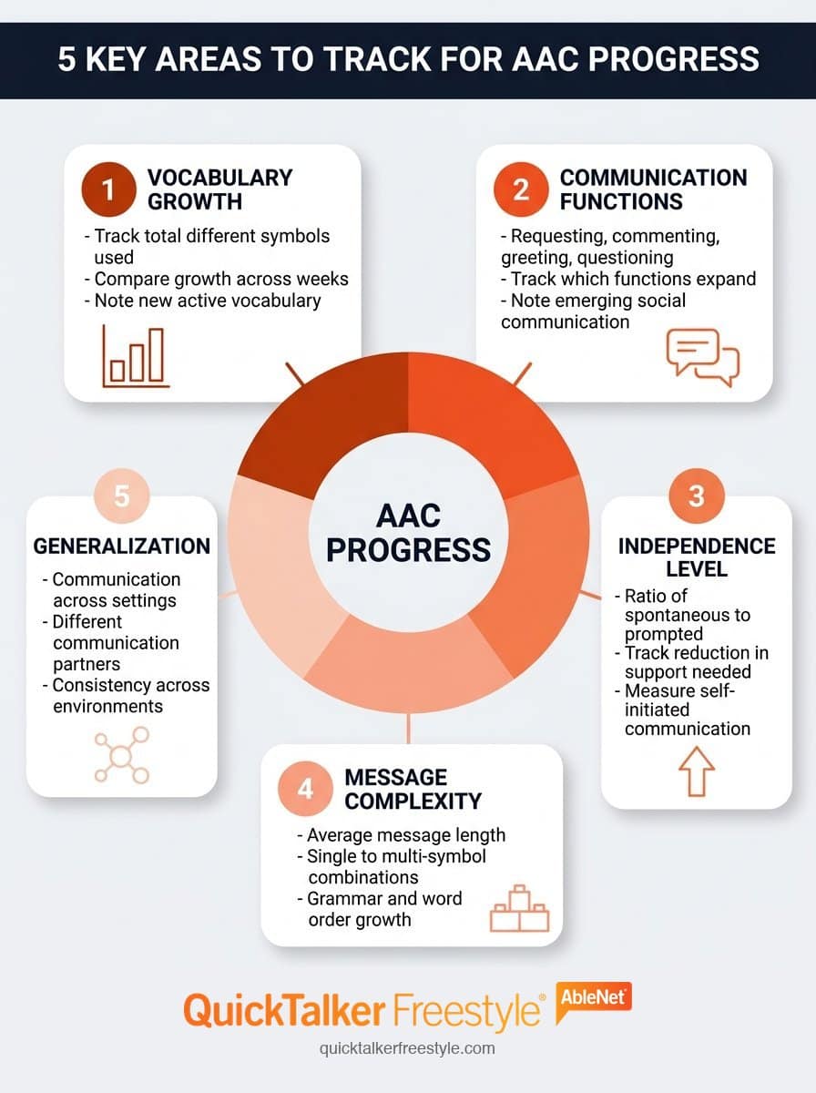 Infographic showing 5 key areas to track for AAC progress: vocabulary growth, communication functions, independence level, message complexity, and generalization across settings