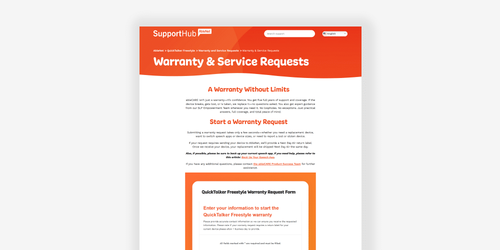 Warranty and service requests for QuickTalker Freestyle support and assistance.