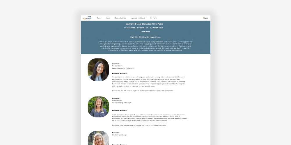 Charleston 2023 event highlights featuring speech-language pathologists and educational insights.