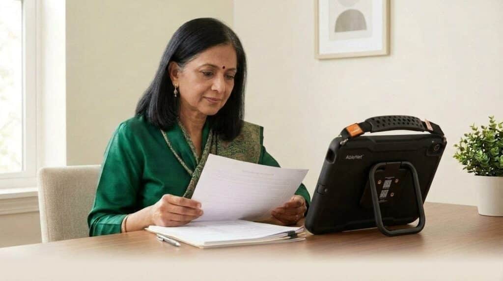 Speech-language pathologist reviewing AAC evaluation notes next to a QuickTalker Freestyle speech device on a desk