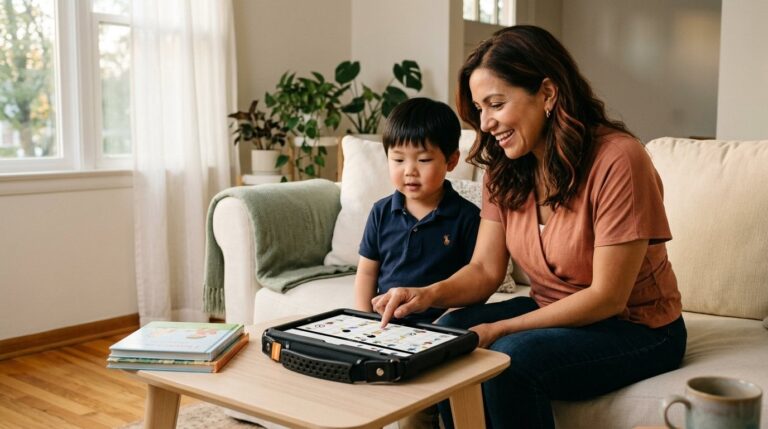 A woman points to a symbol on a QuickTalker Freestyle speech device while a young child watches the screen, both seated together on a cream sofa in a sunlit living room
