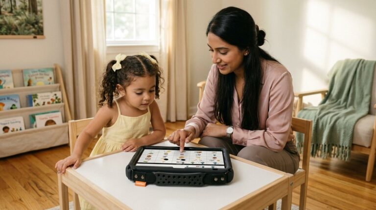 A speech-language pathologist sits next to a young AAC user at a small light-wood therapy table, both leaning over a QuickTalker Freestyle speech device laid flat between them while the SLP points to a symbol on the screen