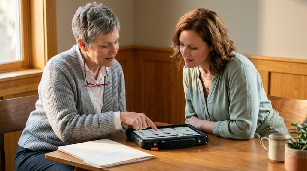 Speech-language pathologist sitting with a parent at a school meeting table showing how to model on a QuickTalker Freestyle speech device before summer break