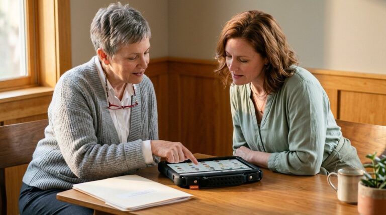 Speech-language pathologist sitting with a parent at a school meeting table showing how to model on a QuickTalker Freestyle speech device before summer break