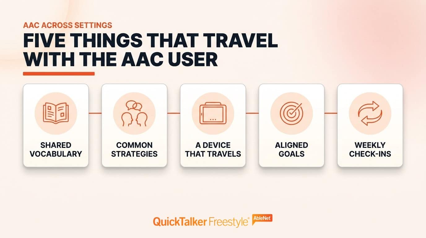 Five elements that should be consistent for an AAC user across school and home: shared vocabulary, common strategies, a device that travels, aligned goals, and weekly check-ins