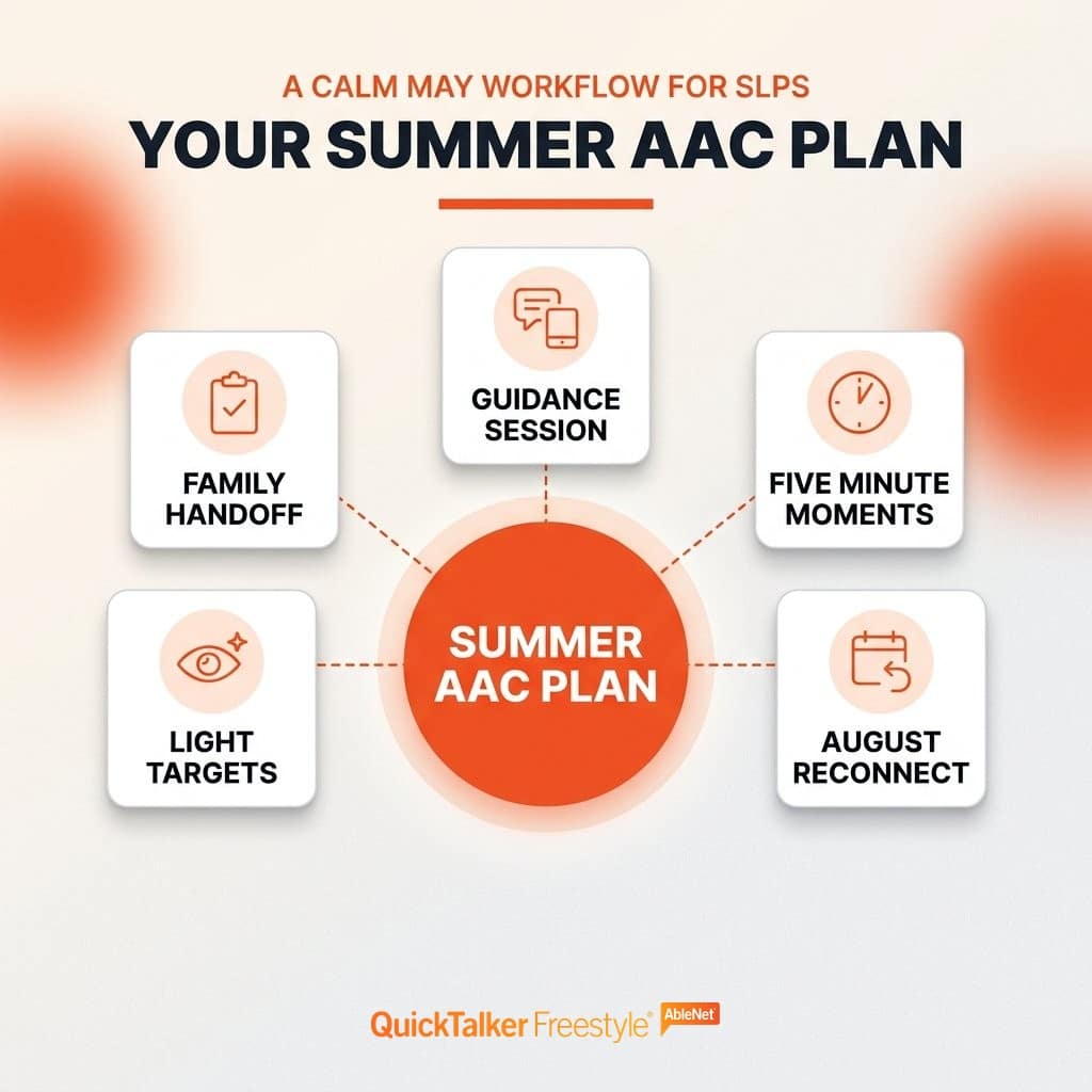 Hub-and-spoke diagram of a summer AAC plan for SLPs showing five parts: family handoff, guidance session, five minute moments, light targets, and August reconnect