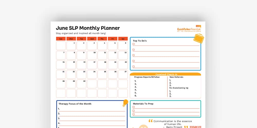 June SLP monthly planner for effective organization and therapy resource management.