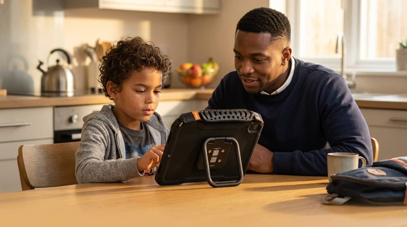 Father sitting with his young son at a kitchen table in the afternoon, the son using a QuickTalker Freestyle speech device while the father watches attentively