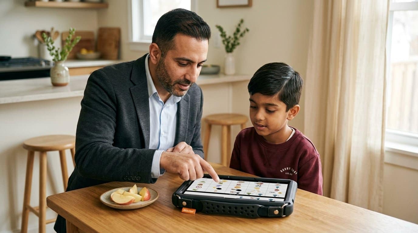 A father sits at a kitchen table next to his elementary-age son, pointing to a symbol on a QuickTalker Freestyle speech device laid flat between them while a small plate of apple slices sits to the side