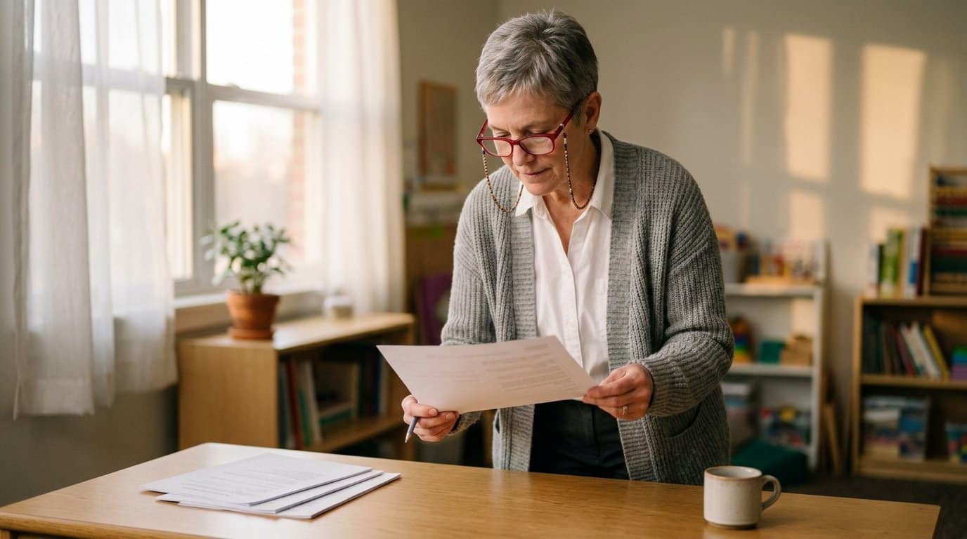 Veteran speech-language pathologist reviewing a printed one-page AAC handoff plan at a sunlit school desk