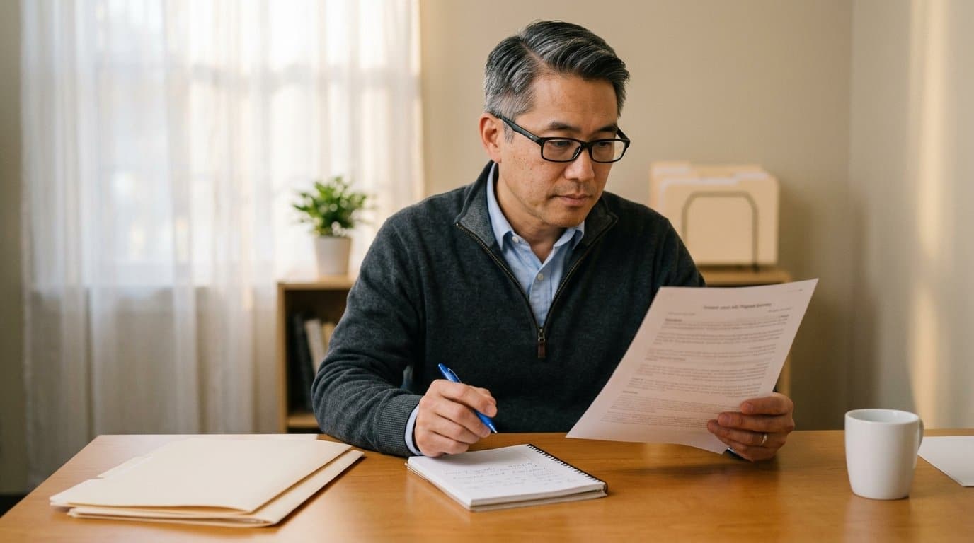 A speech-language pathologist sits at a tidy clinic office desk reviewing a printed AAC progress page in his hand, with a pen poised over a notebook