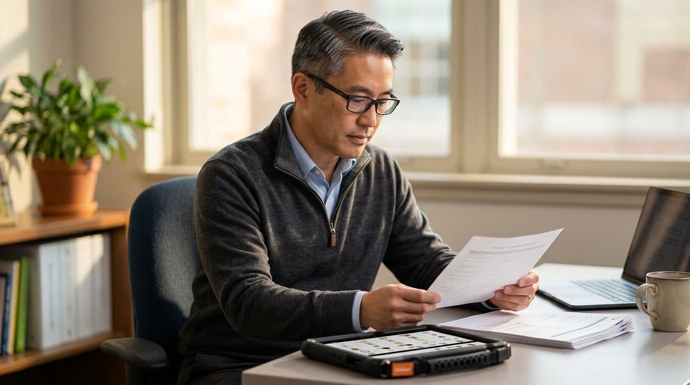 Speech-language pathologist at a school desk reviewing a printed one-page summer handoff with a QuickTalker Freestyle speech device and a laptop nearby