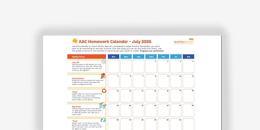 AAC Homework Calendar for July 2026, featuring weekly focus activities and resources.