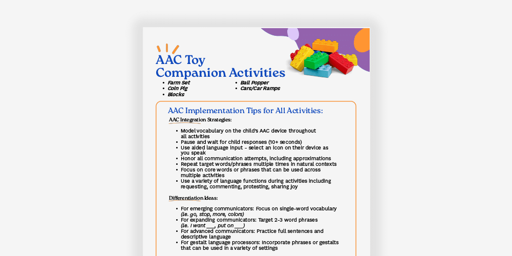 AAC toy companion activities for parents to enhance communication skills.
