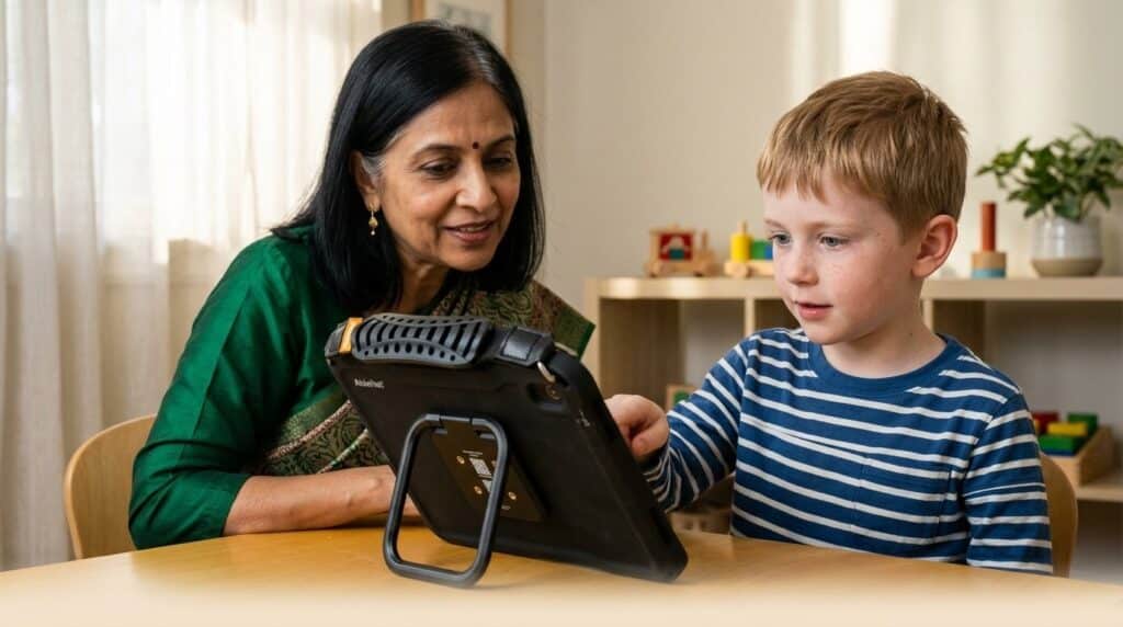 Speech-language pathologist sitting beside a young child who is exploring a QuickTalker Freestyle speech device during a hands-on AAC device trial