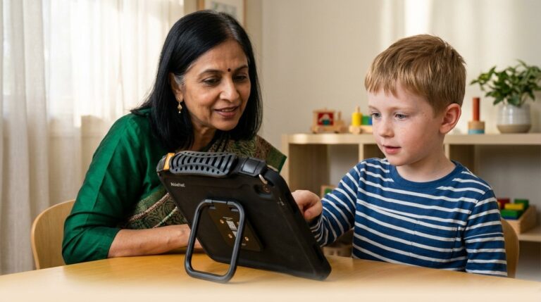 Speech-language pathologist sitting beside a young child who is exploring a QuickTalker Freestyle speech device during a hands-on AAC device trial