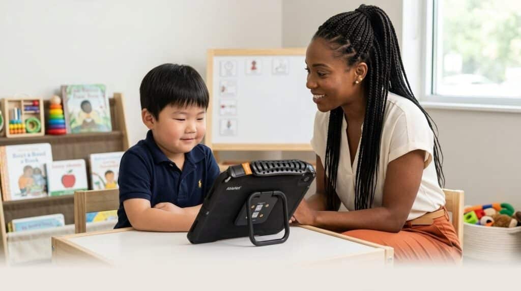Pediatric speech-language pathologist sitting beside a young child at a low table, both looking at a QuickTalker Freestyle speech device standing upright on its kickstand with the back of the case facing the camera
