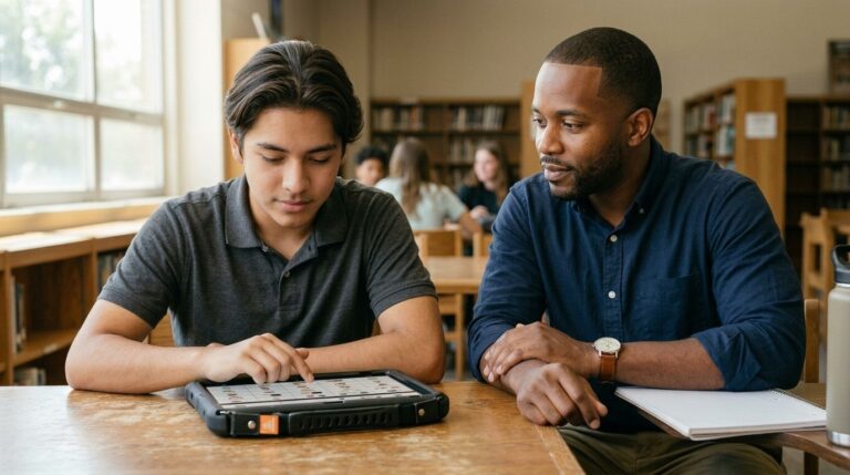 A speech-language pathologist sitting beside a teenage AAC user who is using a QuickTalker Freestyle speech device in a high school setting