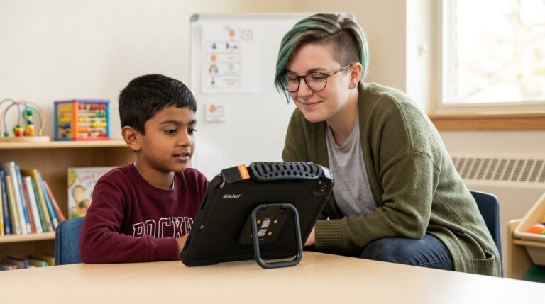 Pediatric speech-language pathologist sitting calmly beside a young boy at a low table, both turned toward a QuickTalker Freestyle speech device standing upright on its kickstand with the back of the case facing the camera