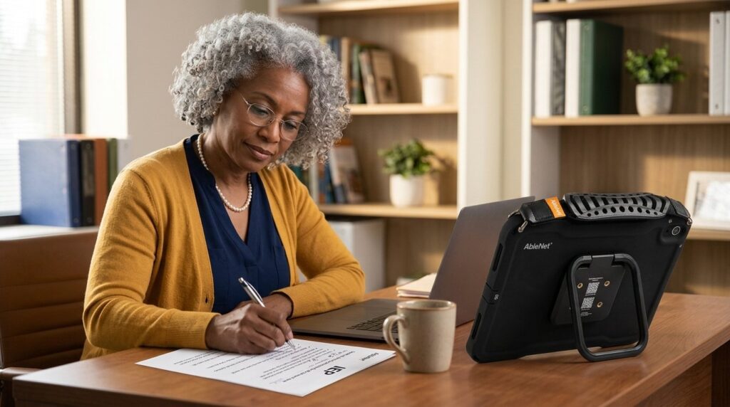 Speech-language pathologist writing notes at a desk with a QuickTalker Freestyle speech device standing upright beside her on its kickstand, the back of the case facing the camera