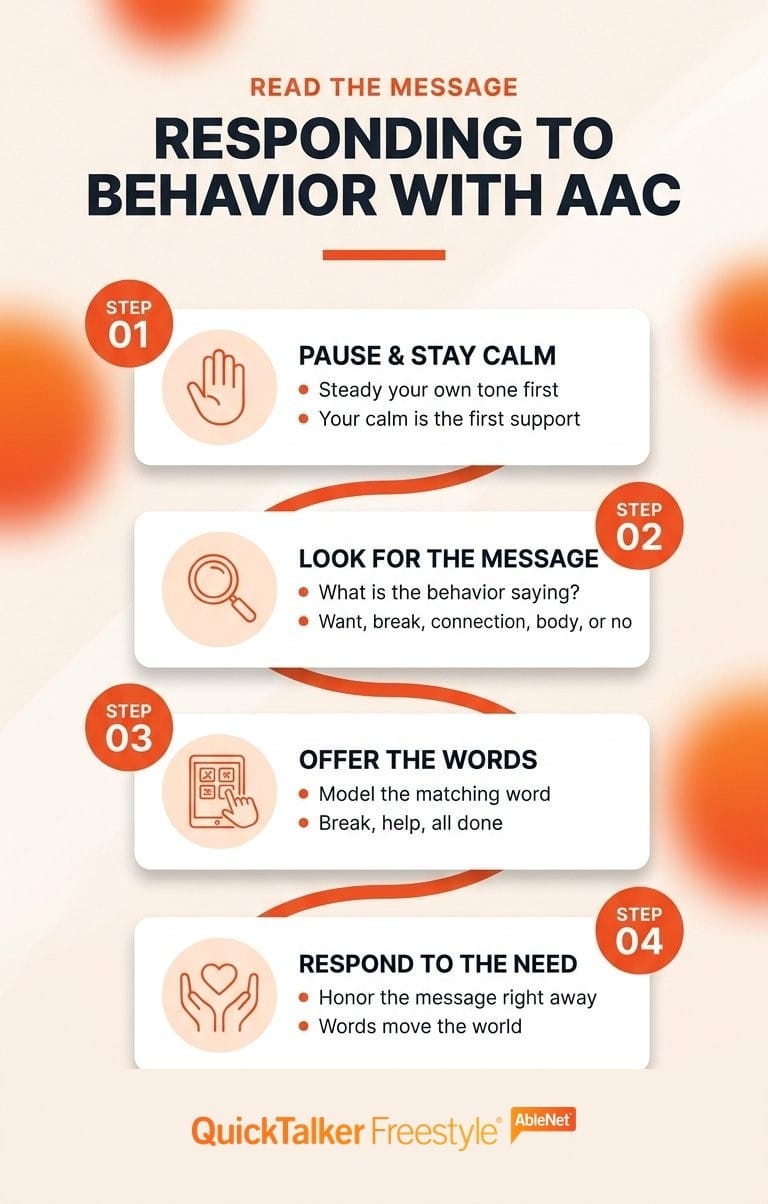 Vertical four-step infographic for responding to behavior as communication with AAC: pause and stay calm, look for the message, offer the words on the device, and respond to the need