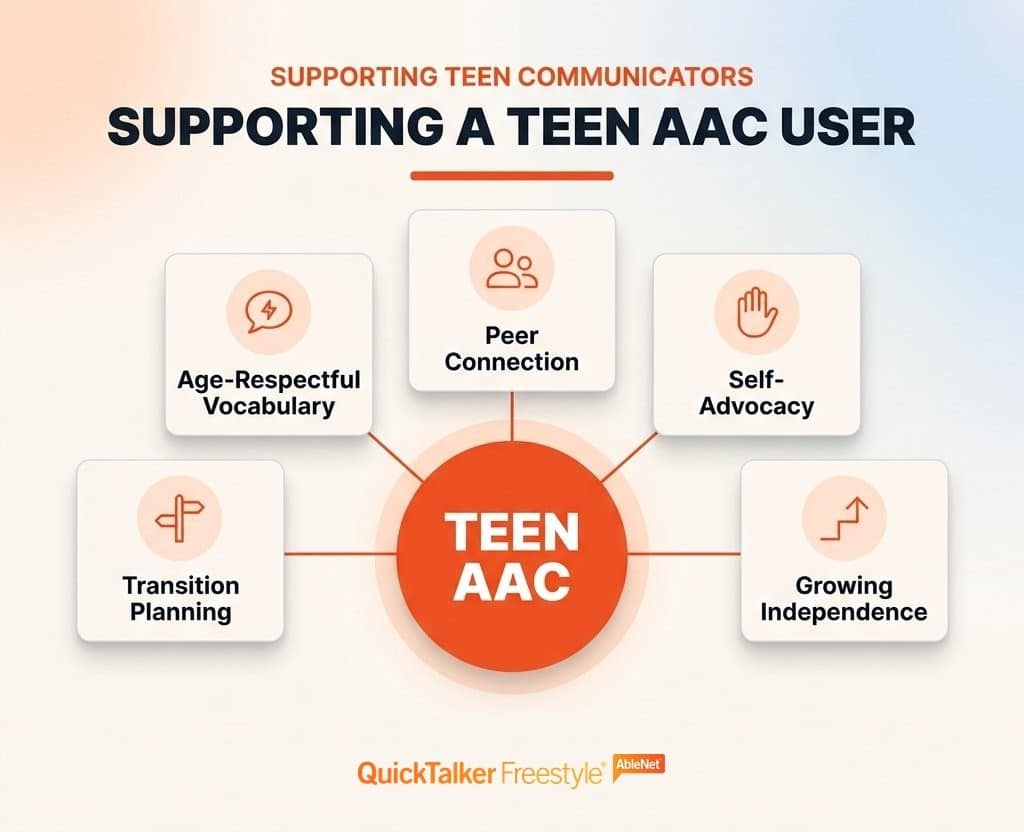 Hub-and-spokes infographic titled Supporting a Teen AAC User with five surrounding areas: age-respectful vocabulary, peer connection, self-advocacy, growing independence, and transition planning