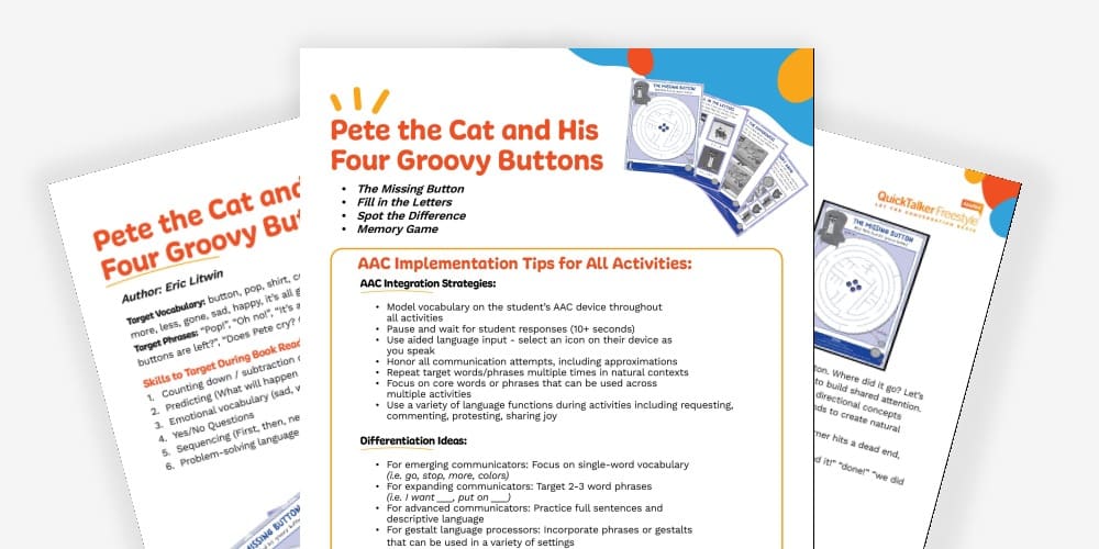 Pete the Cat: Four Groovy Buttons teaching guide for vocabulary and AAC activities.