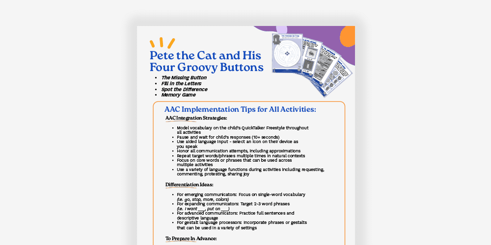 Parent resources for teaching communication using Pete the Cat activities and strategies.