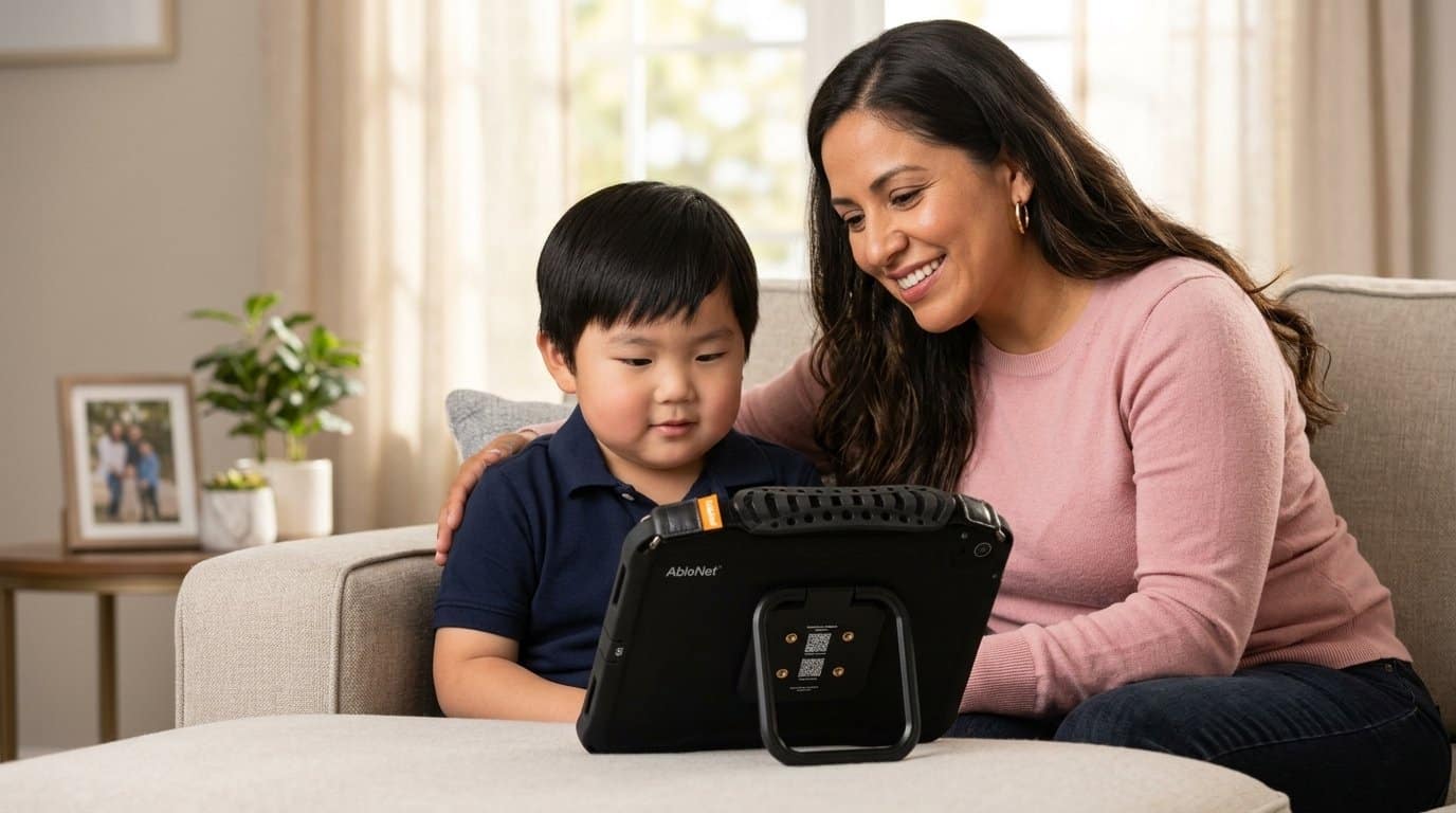Parent sitting close to a young child on a living room couch during a calm moment, a QuickTalker Freestyle speech device standing upright on its kickstand in front of them with the back of the case facing the camera