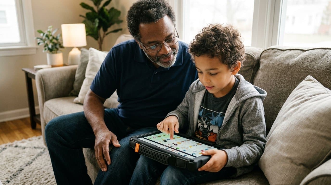 Father and young son sitting together on a couch at home as the boy uses a QuickTalker Freestyle speech device during a hands-on AAC experience
