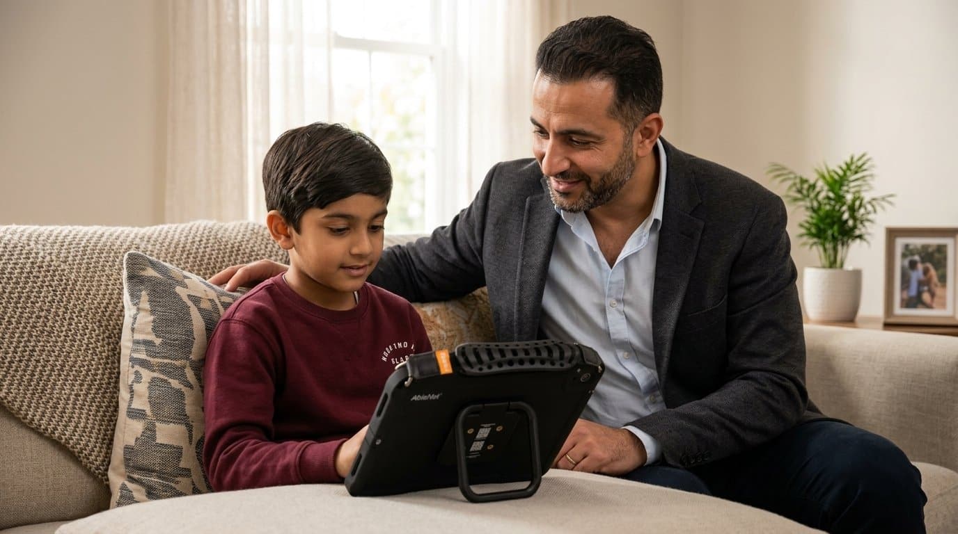 Father sitting close beside a young boy on a living room couch during a calm moment, a QuickTalker Freestyle speech device resting nearby with the back of the case and hollow-ring kickstand facing the camera