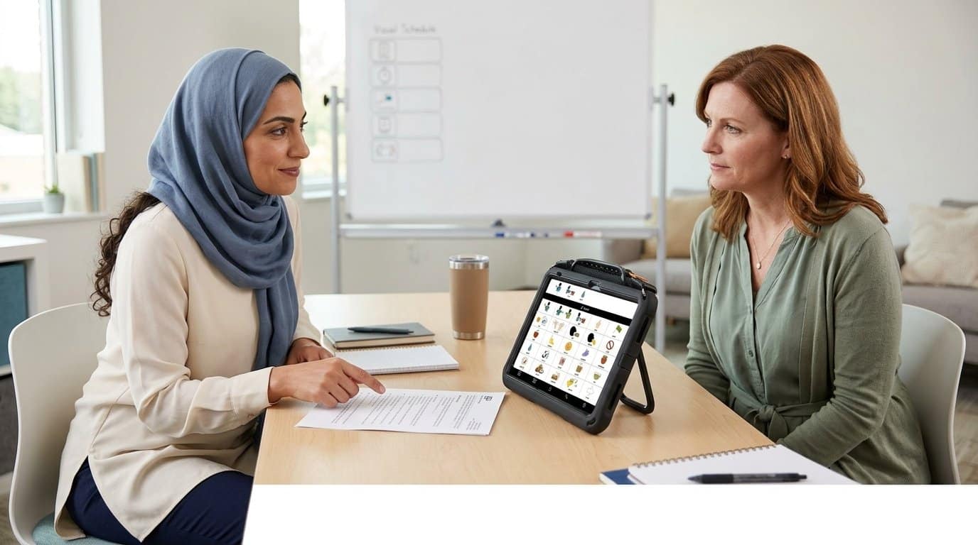 Speech-language pathologist sitting across a meeting table from a parent during an IEP team meeting, with a QuickTalker Freestyle speech device standing upright on the table between them