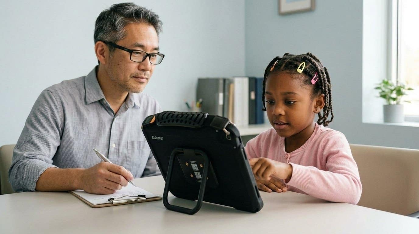 Speech-language pathologist taking notes while a young girl uses a QuickTalker Freestyle speech device at a table during a hands-on AAC experience
