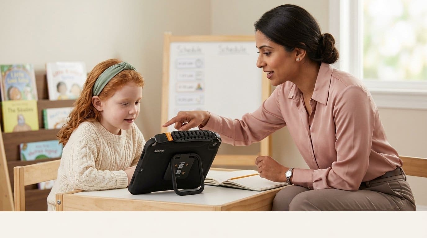 Speech-language pathologist reaching over to point at a QuickTalker Freestyle speech device standing on its kickstand while sitting beside a young child at a therapy table, the back of the case facing the camera, mouth open as if naming a word aloud