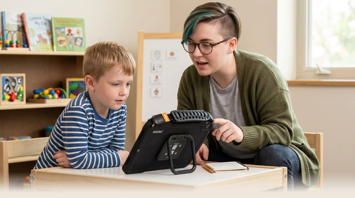 Speech-language pathologist sitting beside a young child at a therapy table, gesturing at a QuickTalker Freestyle speech device that stands upright between them on a kickstand