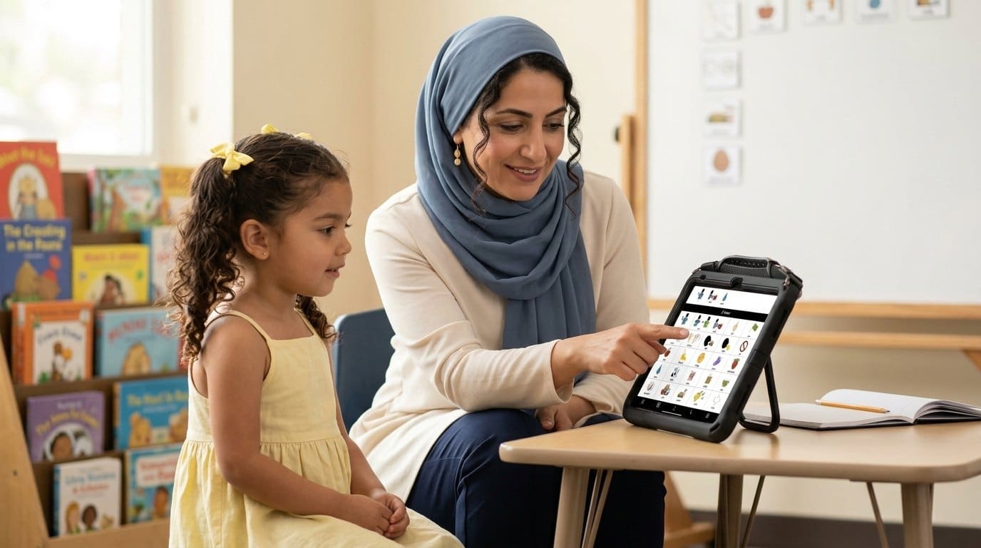 Speech-language pathologist sitting calmly beside a young girl at a therapy table, pointing to a symbol on the colorful grid of a QuickTalker Freestyle speech device standing upright on its kickstand with the screen angled toward the camera