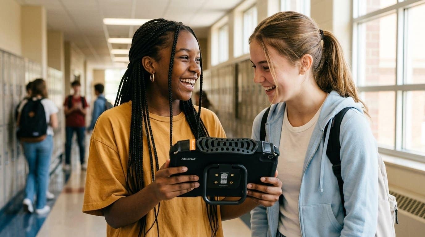 A teenage girl using a QuickTalker Freestyle speech device to chat and laugh with a peer in a high school hallway