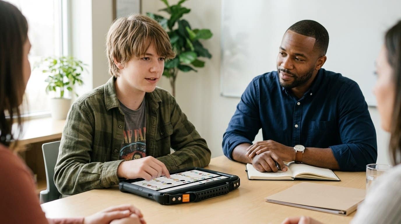 A teenage boy using a QuickTalker Freestyle speech device to share his views during a school meeting while a speech-language pathologist listens