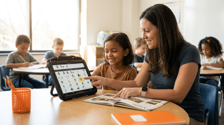 Children engaging with an AAC device during a classroom trial for digital learning.