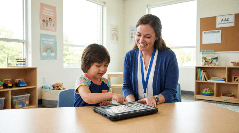 Teacher and child engage in aided language stimulation using a tablet for learning.
