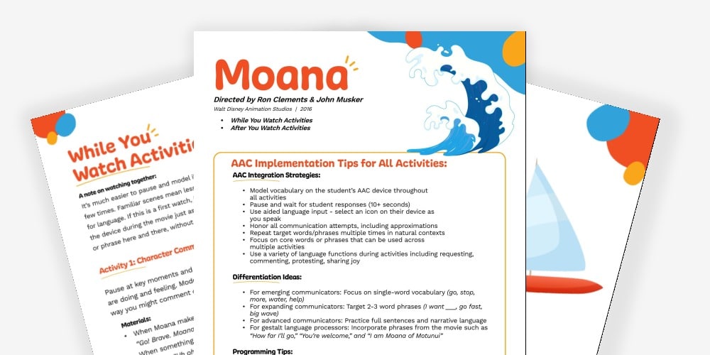 Moana while you watch activities resource for AAC implementation and character engagement.