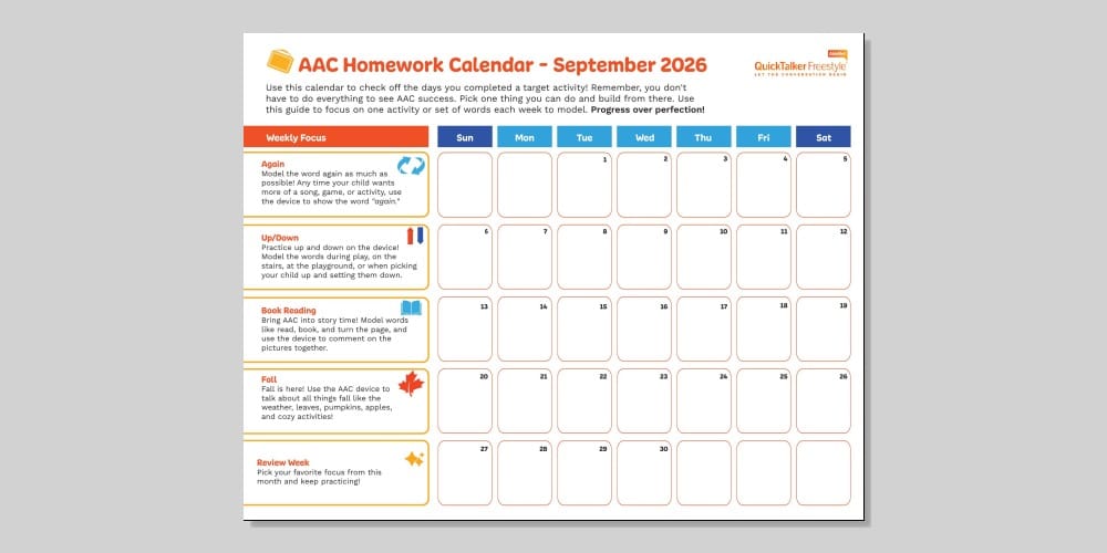 AAC homework calendar for September 2026 to enhance learning resources and activities.