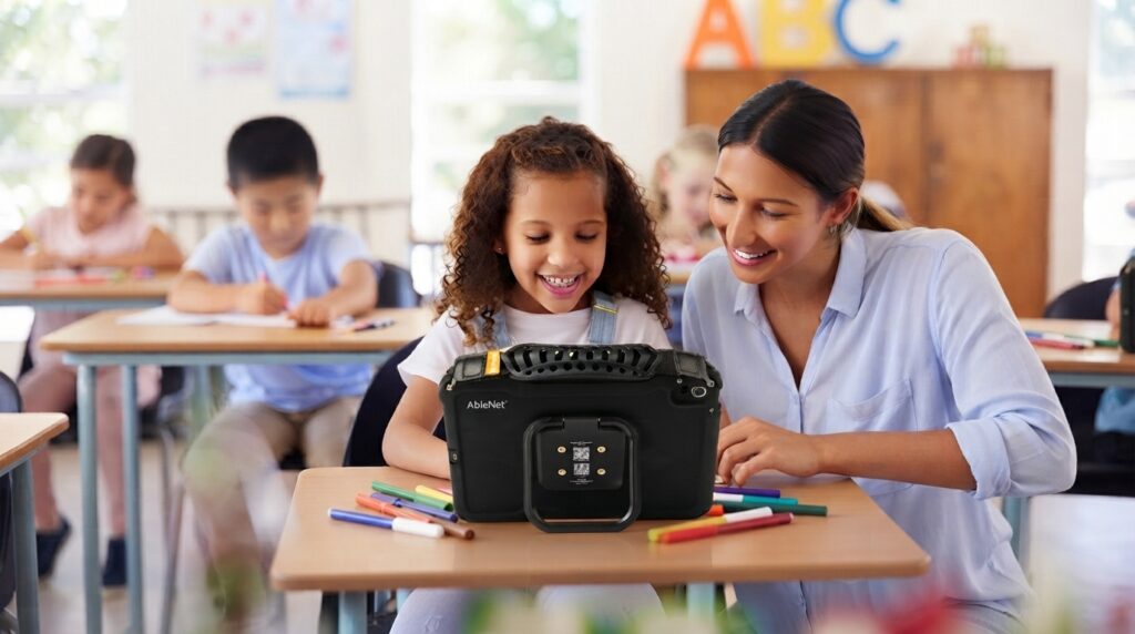 Children engage in learning with the QuickTalker Freestyle, fostering creativity and collaboration.