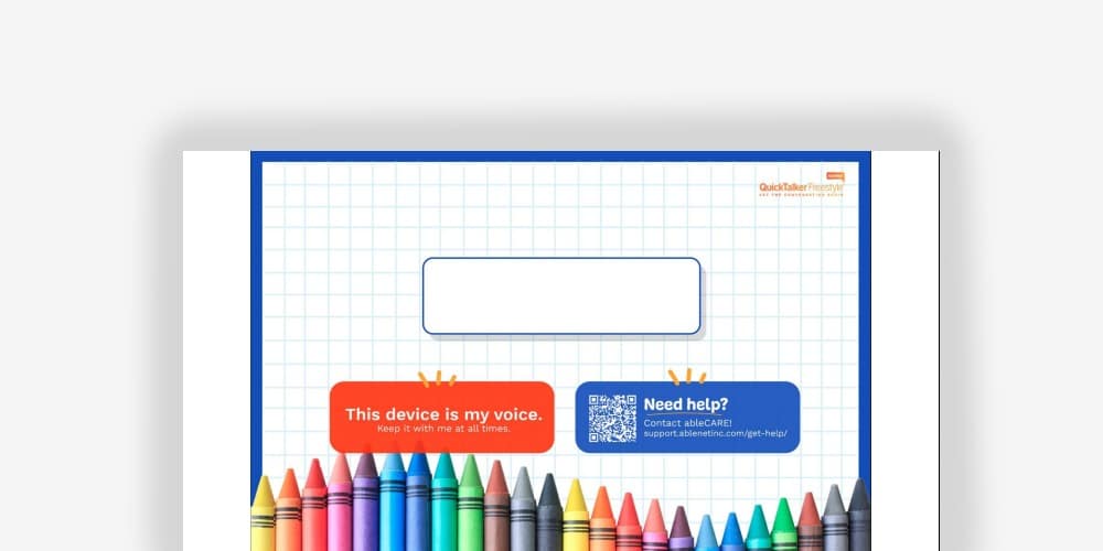 Voice communication aid with help information and colorful crayons.