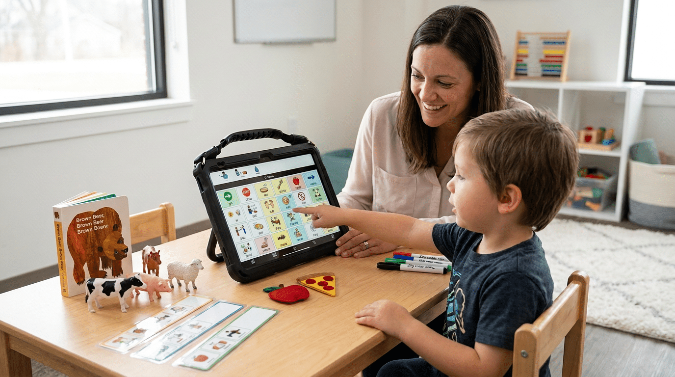 A small set of organized, reusable materials can support speech, language, literacy, and AAC in the same activity.