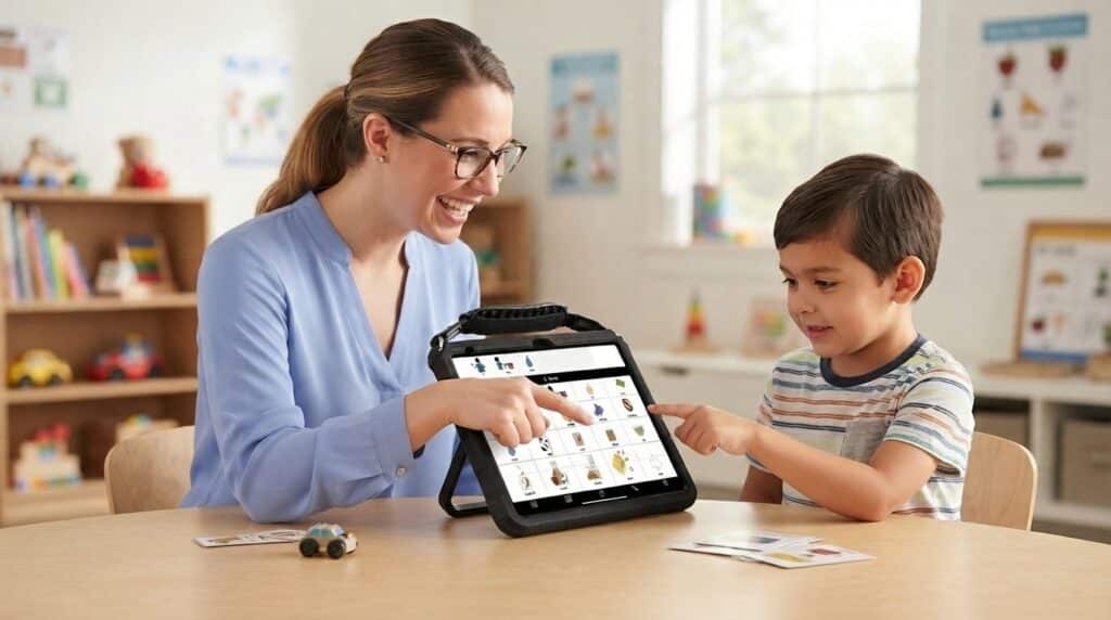 Teacher and child engage in educational interaction using the QuickTalker Freestyle device and learning cards.