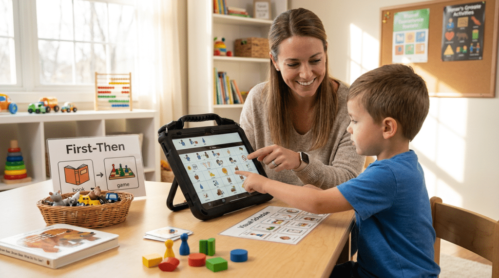 Child engages in speech therapy using a first-then visual schedule and interactive tablet.